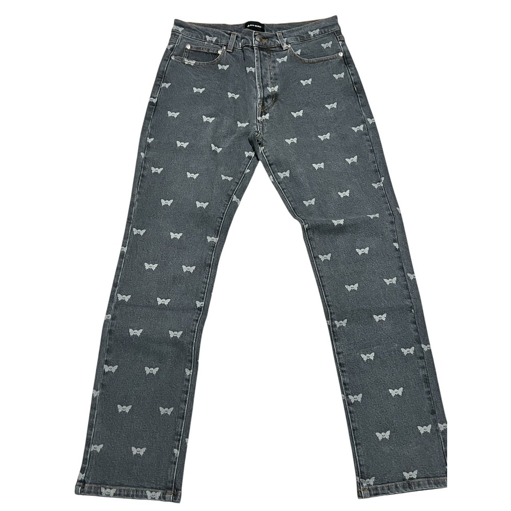 Black Scale Skull‎ Butterfly Denim Jeans Black Wash Men's Size 30 Button Pockets